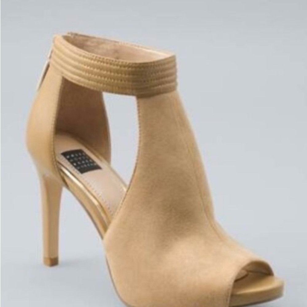 White House Black Market Camel Suede Open-Toe High Heel Ankle Booties Size 9